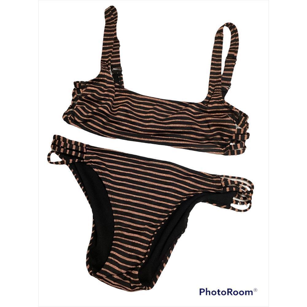 Copper/Black Strip 2Piece Strappy Swimsuit L